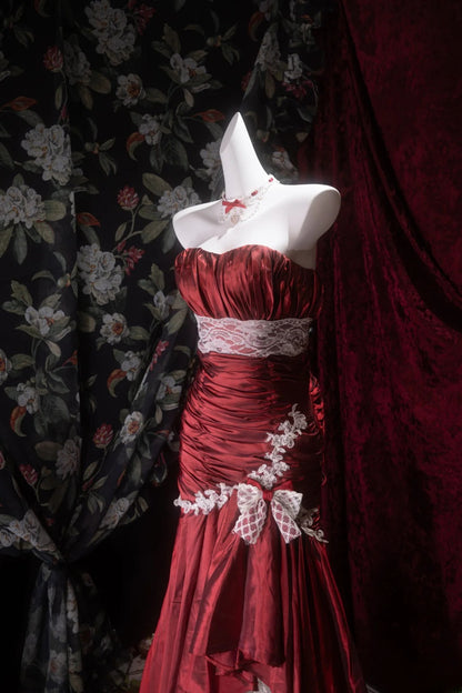 Elegant Mermaid Sweetheart Burgundy Taffeta With Lace Long Prom Dresses Formal Outfit Evening Night Dress RB8088