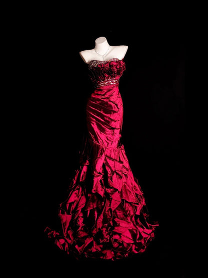 Red Prom Dress Inspo Mermaid Sweetheart With Beading Tiered Modest Long Formal Party Gown RB9868