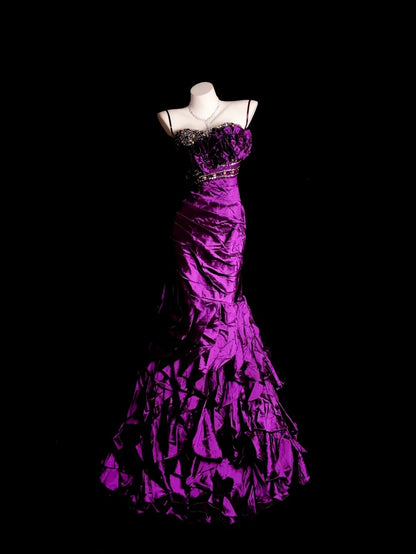 Grape Prom Dress Inspo Mermaid Spaghetti Straps With Beading Tiered Modest Long Formal Party Gown RB9869