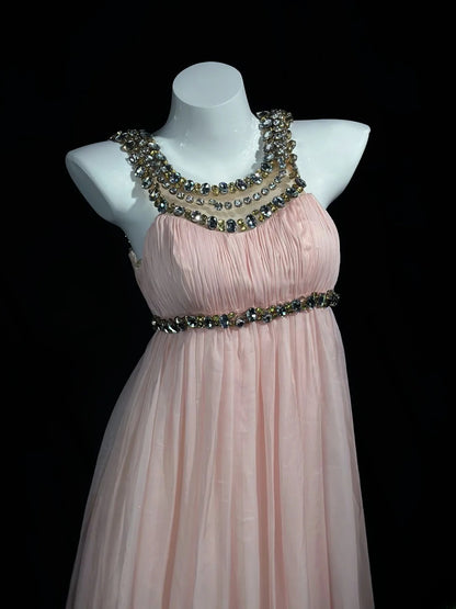 Vintage 90s Prom Dresses A Line Empire Pink Chiffon With Long Beading Evening Dress Formal Outfits RB5873