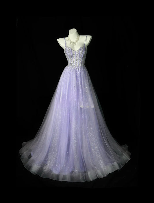 Vintage 1980s Prom Dresses A Line Spaghetti Strap Lilac Tulle With Beaded Evening Dress Formal Outfits RB5874