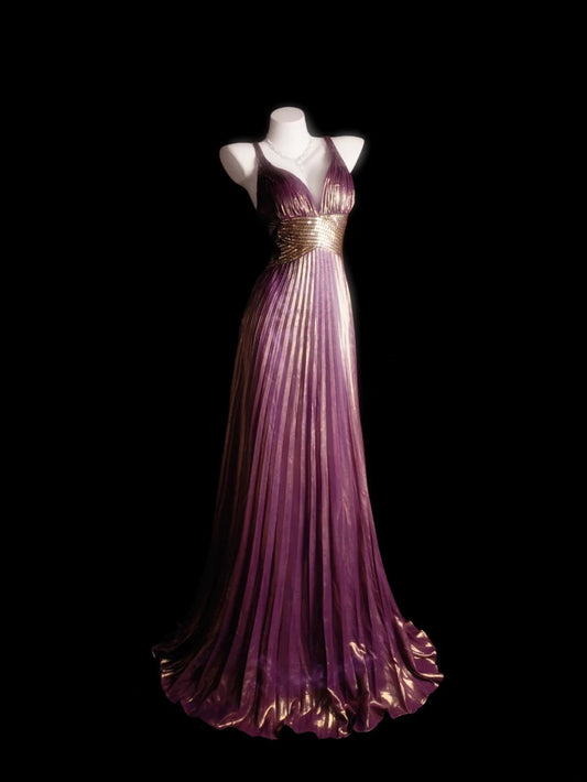 Traubenfarbenes A-Linien-Abschlussballkleid mit Spaghettiträgern, Raffungen und Perlenstickerei, schlichtes, bodenlanges formelles Partykleid RB9870