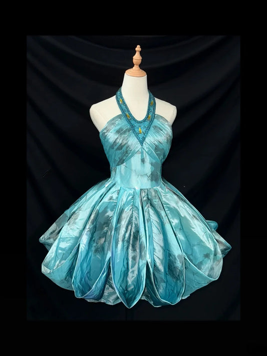 Elegantes Ballkleid Neckholder Blau Satin Partykleid Kurz Mini 18. Geburtstagskleider Hoco Outfits RB3466