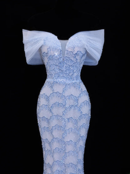 Elegantes, schulterfreies Meerjungfrauen-Abendkleid aus blauem Tüll mit langen Ärmeln – ein beeindruckendes, langes Abendkleid für festliche Anlässe (SA068).