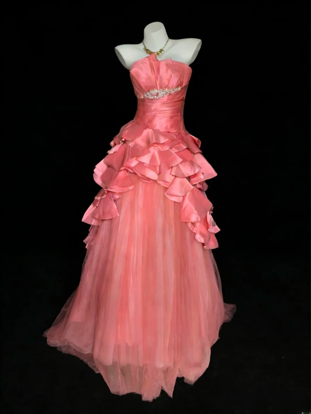 Robe de bal élégante sans bretelles en tulle rose corail, sans manches, pour femme, robe de bal longue, tenue pour les 16 ans, AS068