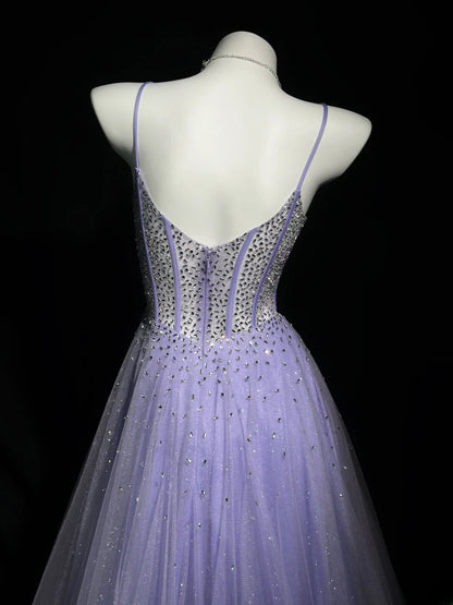 Vintage 1980s Prom Dresses A Line Spaghetti Strap Lilac Tulle With Beaded Evening Dress Formal Outfits RB5874