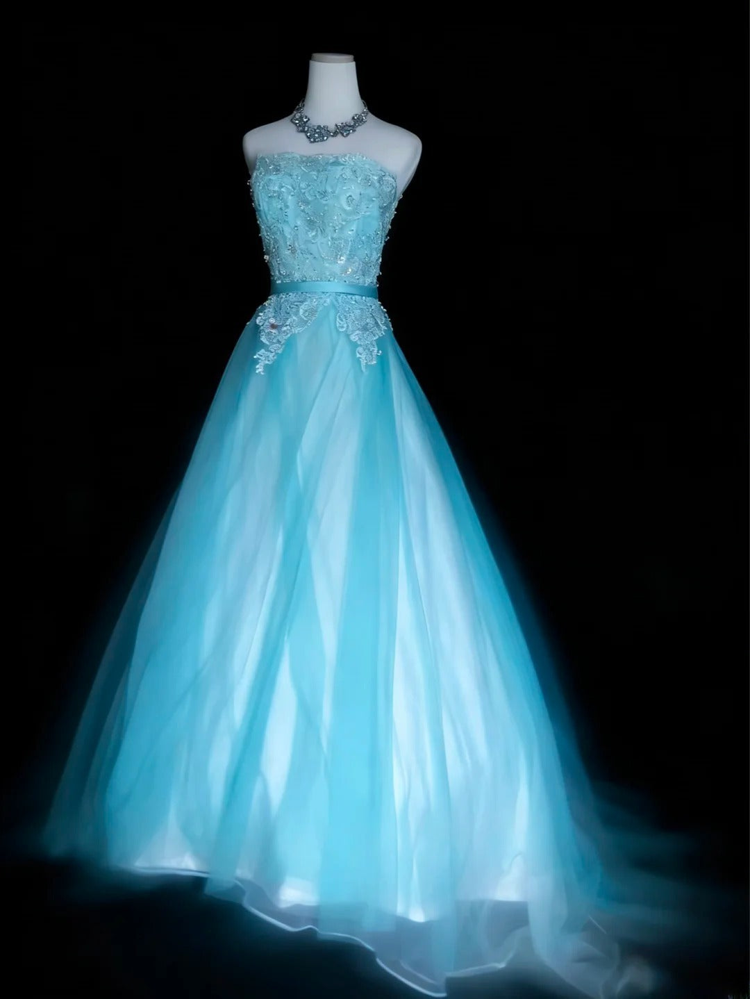 Robe de bal élégante sans bretelles en tulle bleu, sans manches, pour femme, robe de bal longue, tenue de fin d'année scolaire, AS069