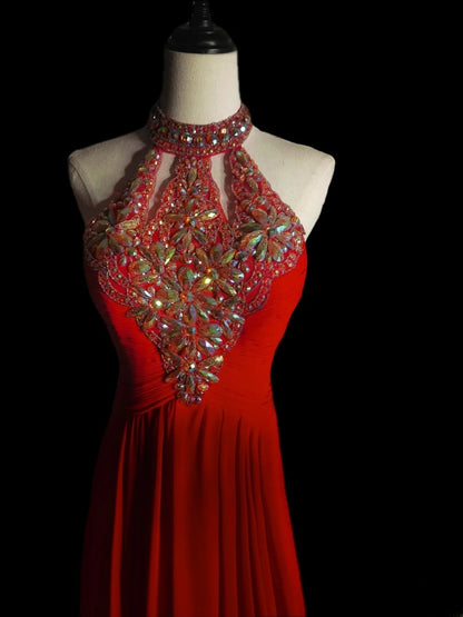 Modest A line Halter Red Chiffon With Beading Long Evening Dresses Inspo Senior Night Dance Prom Dress AS069