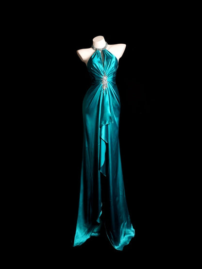 Blue Prom Dress Mermaid Halter With Ruched Beading Modest Floor Length Formal Party Gown RB9871