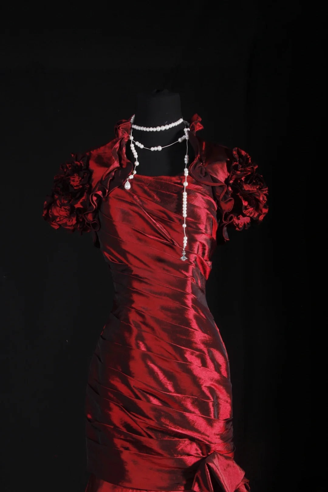 Women's Cocktail Party Gowns 90s Mermaid Square Neck Red Taffeta With Pleated Long Graduation Dinner Outfits Prom Dresses AS069