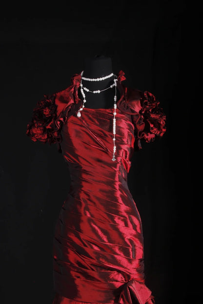 Women's Cocktail Party Gowns 90s Mermaid Square Neck Red Taffeta With Pleated Long Graduation Dinner Outfits Prom Dresses AS069