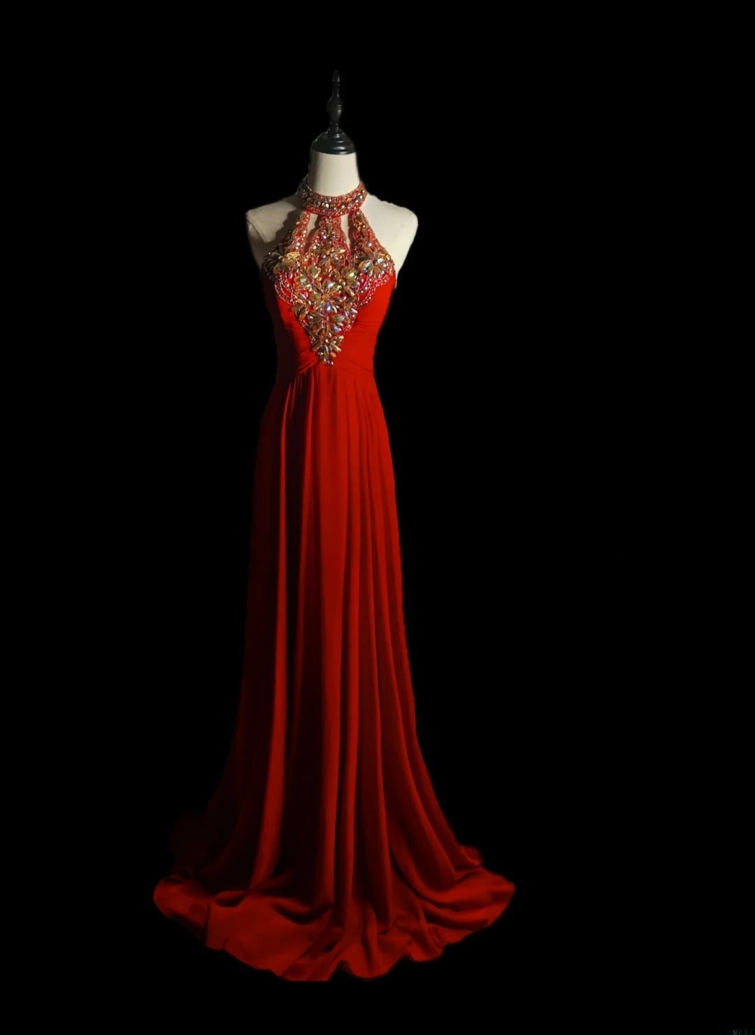Modest A line Halter Red Chiffon With Beading Long Evening Dresses Inspo Senior Night Dance Prom Dress AS069