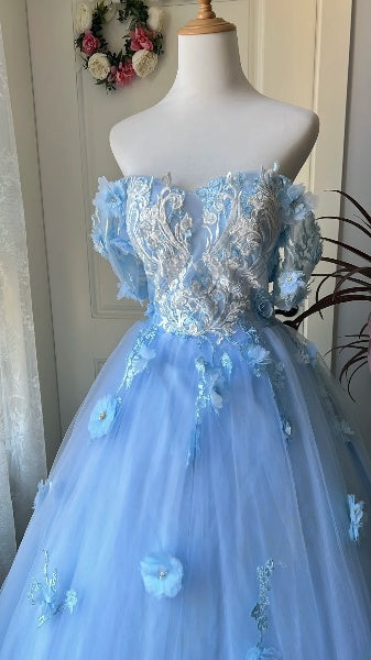 Dream Sweet 16 Dresses Long Off The Shoulder Blue With Lace Appliques Ball Gown Sweet Sixteen Party Birthday Gown RC0440