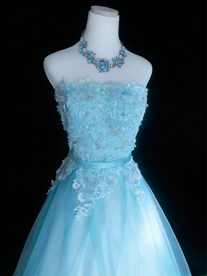 Robe de bal élégante sans bretelles en tulle bleu, sans manches, pour femme, robe de bal longue, tenue de fin d'année scolaire, AS069