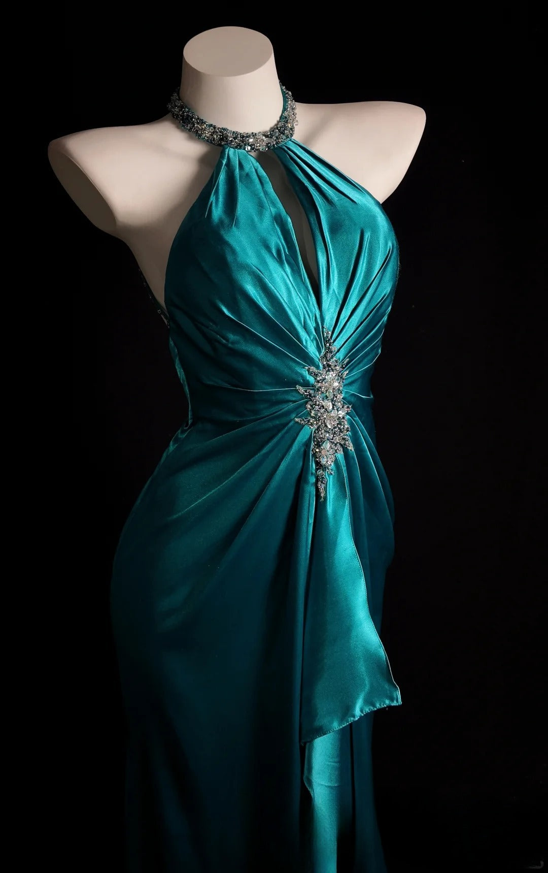 Blue Prom Dress Mermaid Halter With Ruched Beading Modest Floor Length Formal Party Gown RB9871