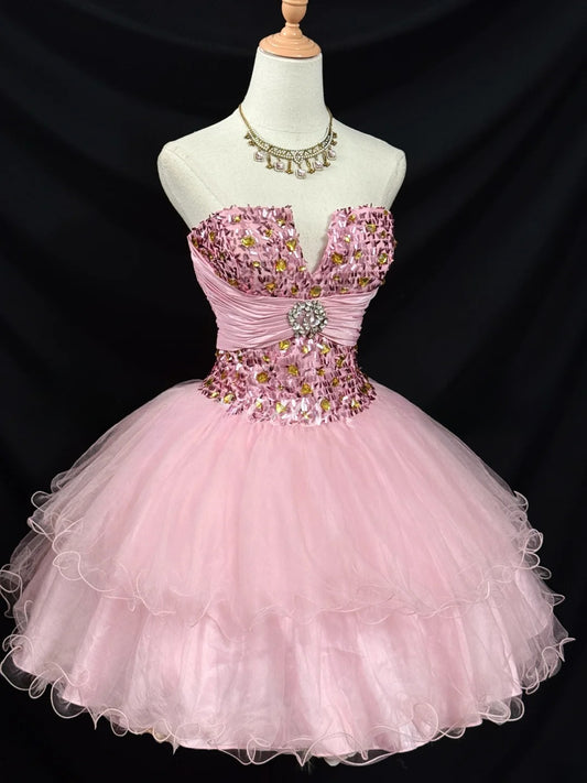 Elegantes Ballkleid, herzförmiger Ausschnitt, rosa Tüll-Partykleid, kurzes Mini-Kleid zum 18. Geburtstag, Hoco-Outfits RB3467