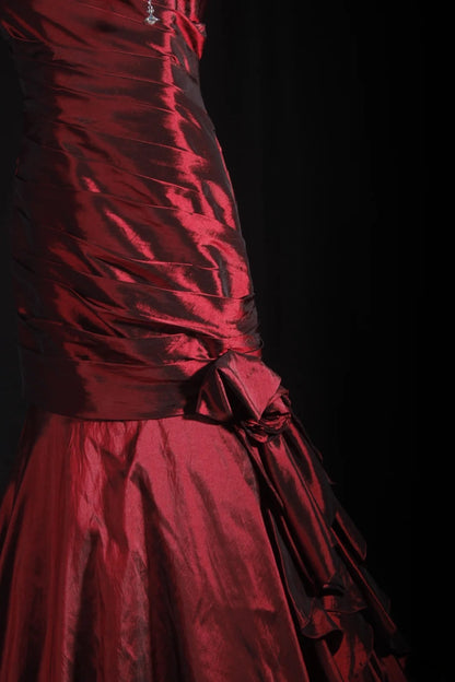 Women's Cocktail Party Gowns 90s Mermaid Square Neck Red Taffeta With Pleated Long Graduation Dinner Outfits Prom Dresses AS069