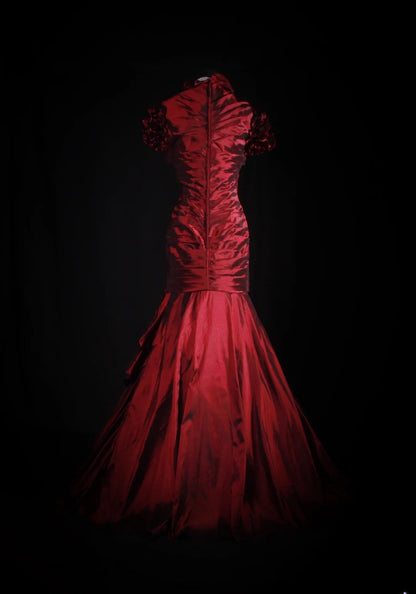 Women's Cocktail Party Gowns 90s Mermaid Square Neck Red Taffeta With Pleated Long Graduation Dinner Outfits Prom Dresses AS069