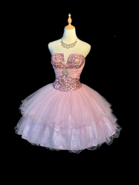 Elegantes Ballkleid, herzförmiger Ausschnitt, rosa Tüll-Partykleid, kurzes Mini-Kleid zum 18. Geburtstag, Hoco-Outfits RB3467