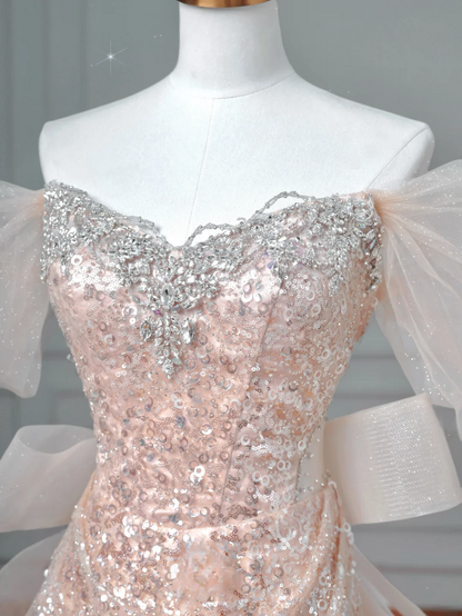 Robe de bal longue de soirée à sequins rose poudré, décolleté en cœur, style sirène scintillante, manches longues, tenue de soirée AQ066