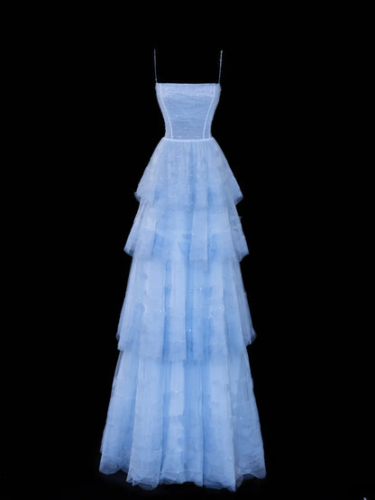 Schlichtes, formelles A-Linien-Abendkleid mit Spaghettiträgern aus blauem Tüll – ein beeindruckendes langes Ballkleid oder Partykleid SA070