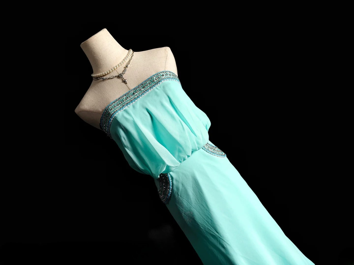 Vintage Mermaid Strapless Blue Chiffon Long Prom Dress With Crystals Formal Dress Party Dresses RB6954