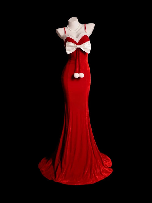 Rotes Abendkleid in Meerjungfrauen-Schnitt mit Spaghettiträgern und Schleife, bescheidenes langes Festkleid RB9872