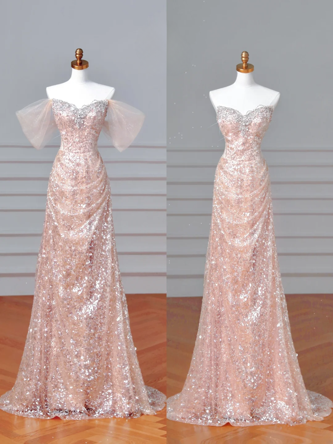 Robe de bal longue de soirée à sequins rose poudré, décolleté en cœur, style sirène scintillante, manches longues, tenue de soirée AQ066