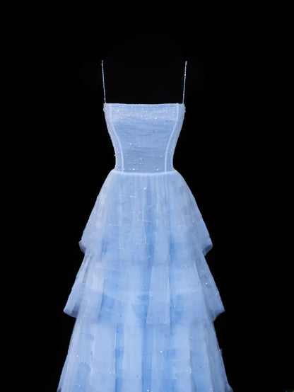 Schlichtes, formelles A-Linien-Abendkleid mit Spaghettiträgern aus blauem Tüll – ein beeindruckendes langes Ballkleid oder Partykleid SA070