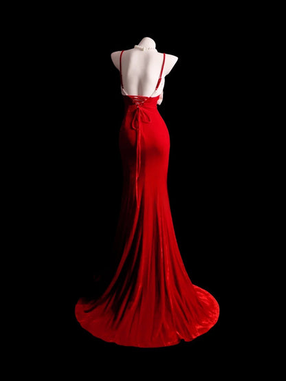 Red Prom Dress Inspo Mermaid Spaghetti Straps With Bow-knot Modest Long Formal Party Gown RB9872