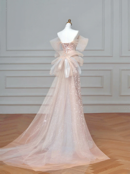 Robe de bal longue de soirée à sequins rose poudré, décolleté en cœur, style sirène scintillante, manches longues, tenue de soirée AQ066