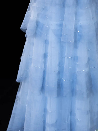 Schlichtes, formelles A-Linien-Abendkleid mit Spaghettiträgern aus blauem Tüll – ein beeindruckendes langes Ballkleid oder Partykleid SA070