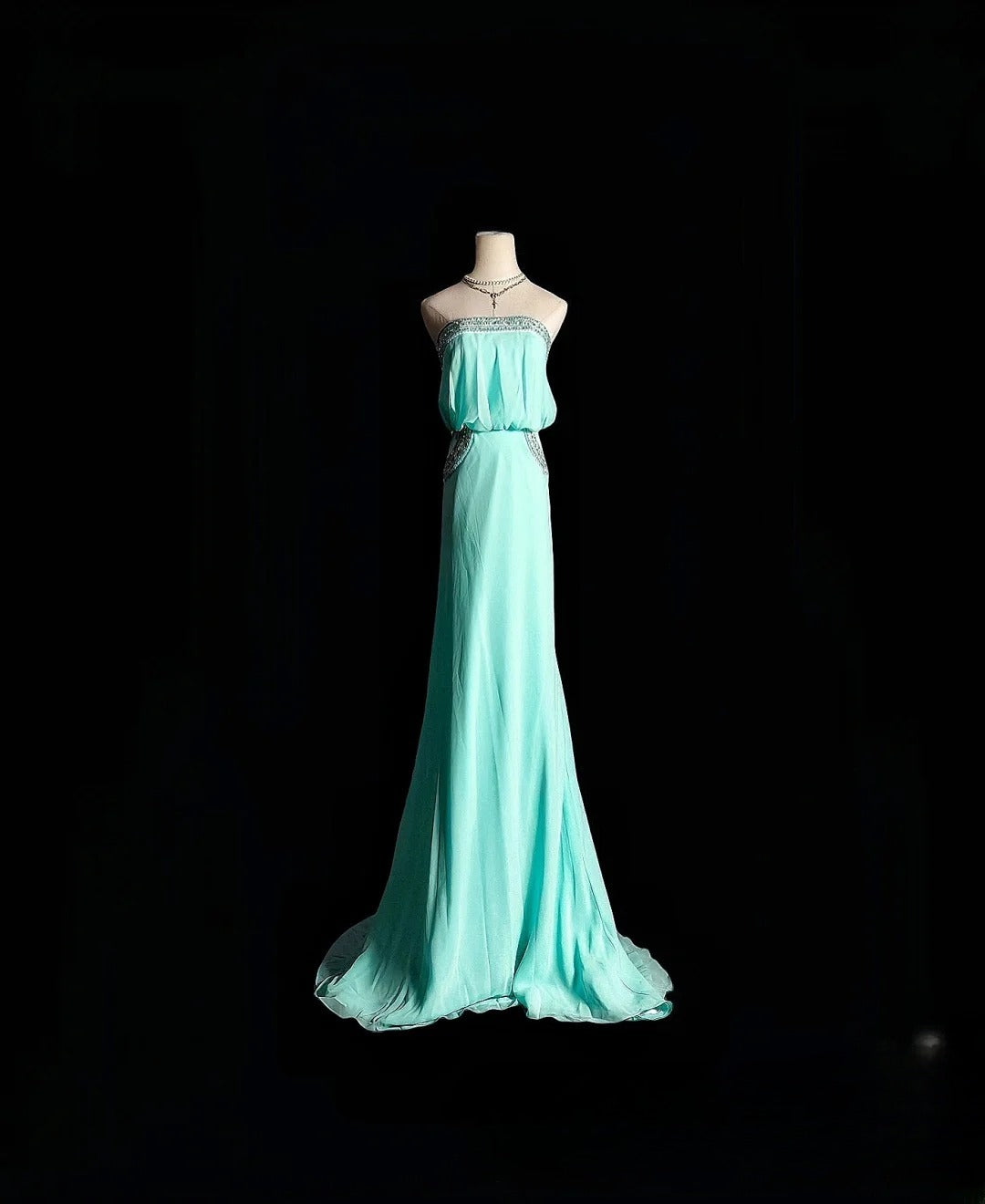 Vintage Mermaid Strapless Blue Chiffon Long Prom Dress With Crystals Formal Dress Party Dresses RB6954
