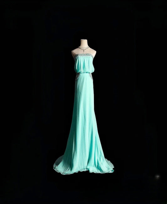 Vintage Mermaid Strapless Blue Chiffon Long Prom Dress With Crystals Formal Dress Party Dresses RB6954