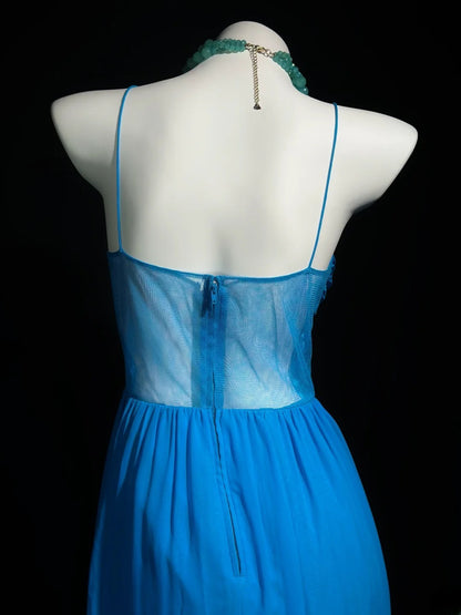 Vintage 80s Prom Dresses A line Spaghetti Strap Royal Blue Chiffon With Ruffled Long Evening Dress Formal Outfits RB5876