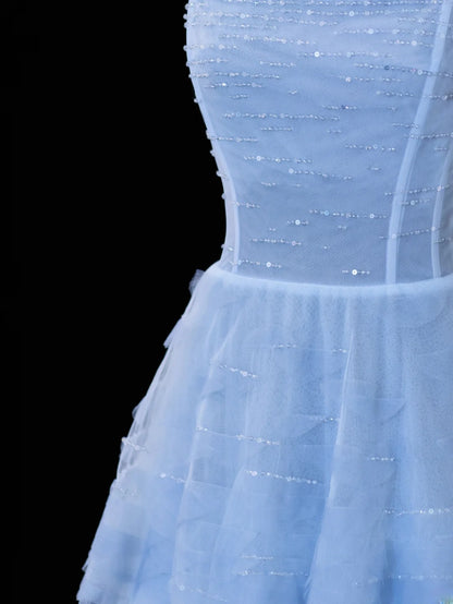 Schlichtes, formelles A-Linien-Abendkleid mit Spaghettiträgern aus blauem Tüll – ein beeindruckendes langes Ballkleid oder Partykleid SA070