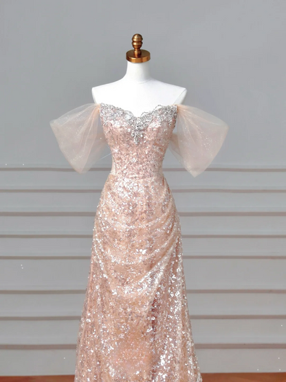 Robe de bal longue de soirée à sequins rose poudré, décolleté en cœur, style sirène scintillante, manches longues, tenue de soirée AQ066