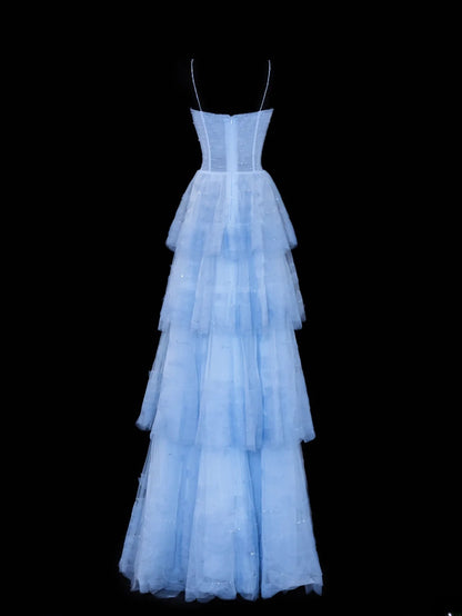 Schlichtes, formelles A-Linien-Abendkleid mit Spaghettiträgern aus blauem Tüll – ein beeindruckendes langes Ballkleid oder Partykleid SA070