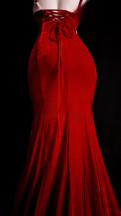 Red Prom Dress Inspo Mermaid Spaghetti Straps With Bow-knot Modest Long Formal Party Gown RB9872