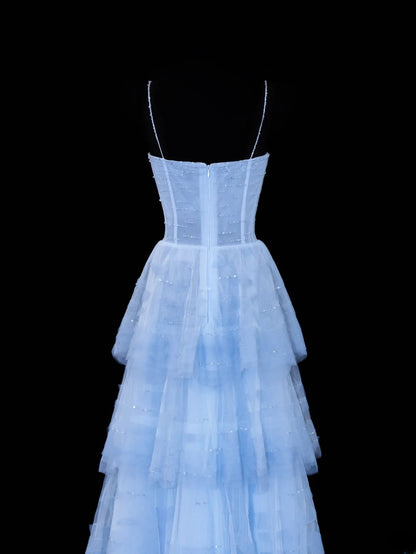 Schlichtes, formelles A-Linien-Abendkleid mit Spaghettiträgern aus blauem Tüll – ein beeindruckendes langes Ballkleid oder Partykleid SA070