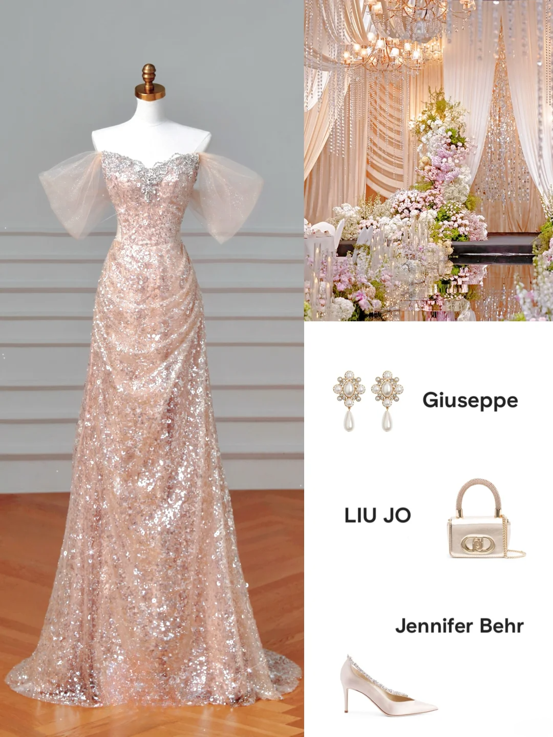 Robe de bal longue de soirée à sequins rose poudré, décolleté en cœur, style sirène scintillante, manches longues, tenue de soirée AQ066