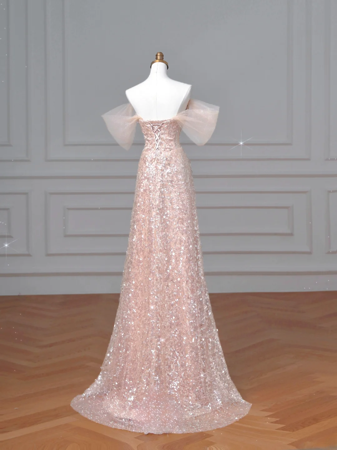 Robe de bal longue de soirée à sequins rose poudré, décolleté en cœur, style sirène scintillante, manches longues, tenue de soirée AQ066
