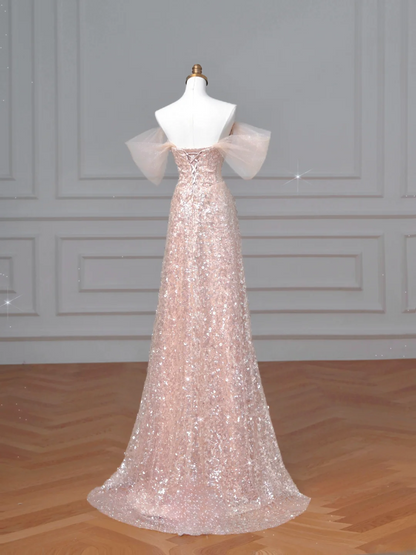 Robe de bal longue de soirée à sequins rose poudré, décolleté en cœur, style sirène scintillante, manches longues, tenue de soirée AQ066