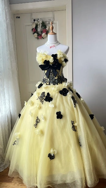 Traumhaftes Sweet-16-Kleid, lang, herzförmiger Ausschnitt, gelbes Tüll-Ballkleid für Sweet-Sixteen-Party, Geburtstagsrobe RC0442