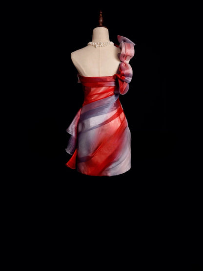Cute Hoco Dress Sheath One Shoulder Gradient Ombre Pink Red Short Homecoming Party Dresses RB9873