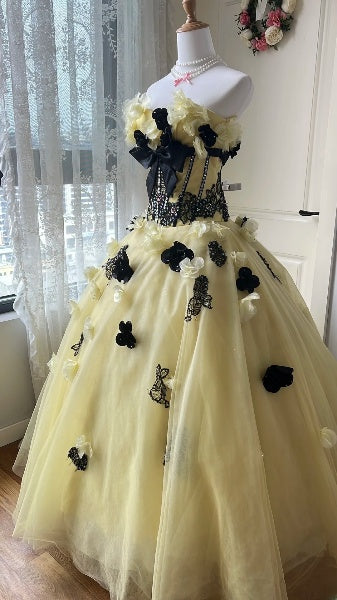 Traumhaftes Sweet-16-Kleid, lang, herzförmiger Ausschnitt, gelbes Tüll-Ballkleid für Sweet-Sixteen-Party, Geburtstagsrobe RC0442