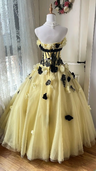 Traumhaftes Sweet-16-Kleid, lang, herzförmiger Ausschnitt, gelbes Tüll-Ballkleid für Sweet-Sixteen-Party, Geburtstagsrobe RC0442
