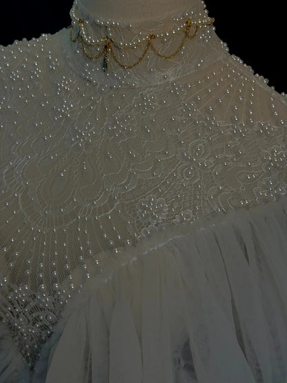 Modest A line High Neck White With Long Sleeves Tiered Layered Brides Gown Bridal Dress Long Wedding Dresses RB5779