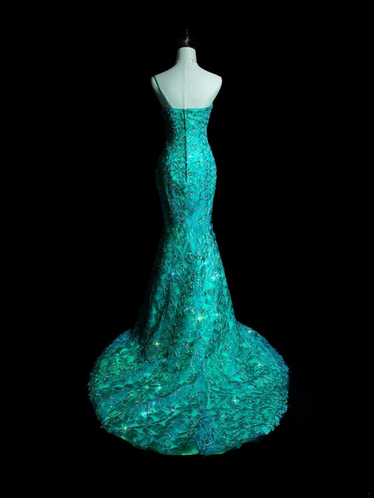 Blaues Meerjungfrauen-Abendkleid mit einer Schulter, Perlenstickerei, dezent, bodenlang, formelles Partykleid RB9874
