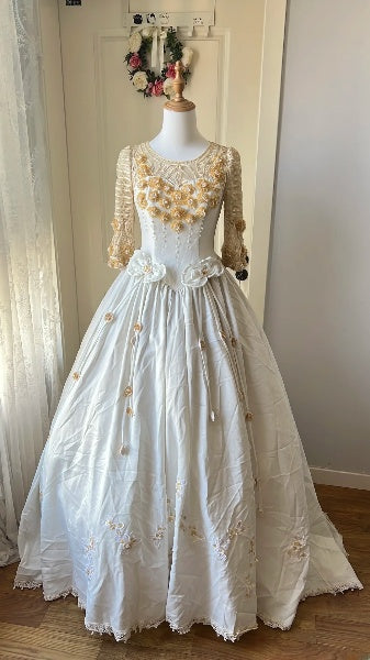 Princess Wedding Dress Ball Gown Scoop White Satin With 3D Flowers Bridal Gown for Big Day RC0443